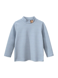 Blue and white striped kids high-neck long sleeve shirt with bear embroidery detail