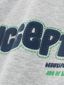 Kids grey fleece sweatshirt featuring navy blue letter applique and green embroidery
