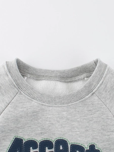 Heather grey crewneck fleece sweatshirt with raglan sleeves and ribbed neck detail