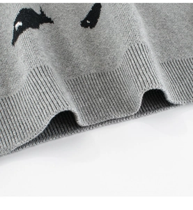 Détail d'un pull gris pour garçon montrant l'ourlet côtelé et le motif jacquard