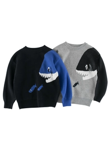 Pull en Tricot de Coton pour Garçons Requin Dessin Animé Style Coréen Bloc de Couleur Col Rond Manches Longues Automne Hiver Enfants Top Chaud