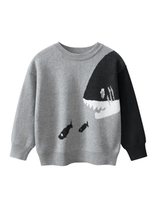 Pull en tricot pour garçon avec motif de requin et design patchwork gris et noir