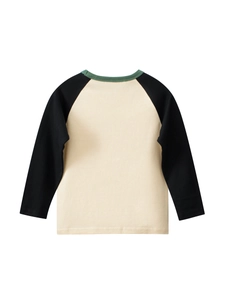 T-shirt raglan à manches longues pour enfants beige et noir avec col rond vert foncé