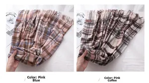 Detailed view of classic plaid scarves with fringe ends in pink blue and pink coffee colors