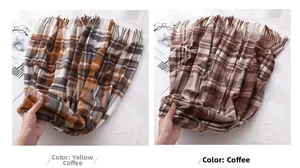 Detailed comparison of brown and yellow checkered scarves with decorative tassels