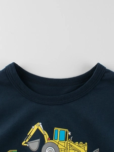 T-shirt bleu marine à manches courtes pour enfants avec imprimé pelleteuse jaune