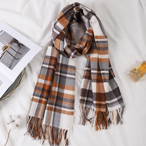 Classic British plaid scarf with fringe, orange and brown checkered shawl for winter warmth