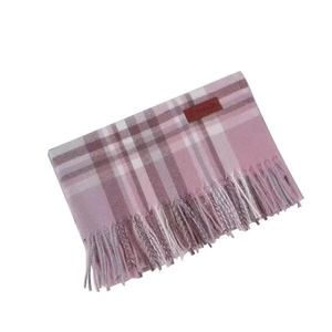 Classic British plaid scarf in pink and lilac with tassels and a fashion leather patch