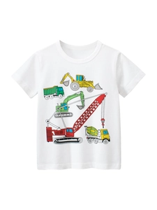 T-shirt en coton blanc pour enfants avec motifs colorés de pelleteuses et d'engins de chantier