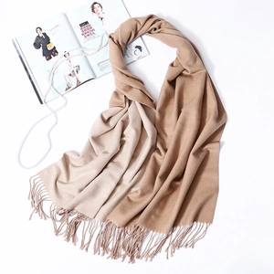 Beige two-tone cashmere-like scarf with tassels, elegant winter wrap for women