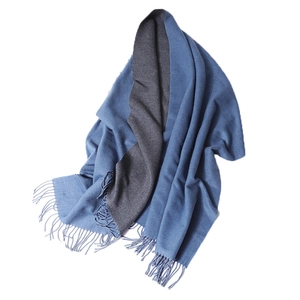 Dual-color cashmere-like scarf in blue and grey with elegant fringe tassels for winter