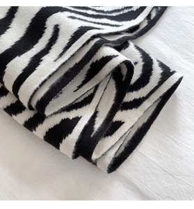Detailed macro view of zebra pattern thick knit scarf texture in black and white