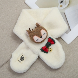Detail of cream plush scarf with 3D cartoon deer, bow tie and small gold bell decor