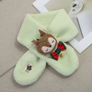 Detail of light green faux rabbit fur kids scarf with cute deer mascot and bow