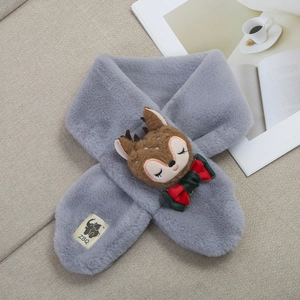 Detail of plush grey kids scarf featuring a 3D cartoon deer head and festive bow tie