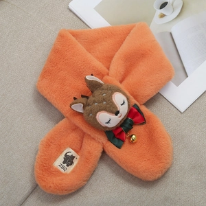 Close-up of orange plush scarf with 3D deer head, festive bow and small golden bell detail