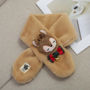 Close-up of plush faux rabbit fur scarf with cartoon deer and festive bow detail