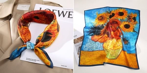 Detailansicht eines Seidenquadrats mit Van Goghs Sonnenblumen-Ölgemälde-Kunstdruck