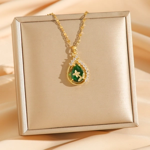 Water-drop emerald green stone necklace with micro-pave zircons on gold display box