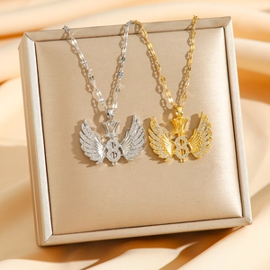 Luxurious gold and silver crown wing pendant necklaces with pavé zircon on silk fabric