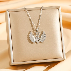 Silver necklace with wing crown pendant and letter B zircon on golden silk