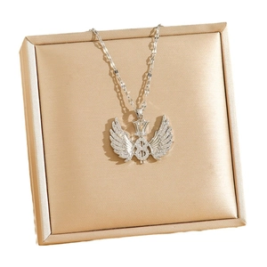 Hip hop style silver dollar sign pendant necklace with crown and wings on display box