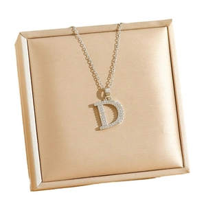 Minimalist silver letter D necklace with shimmering zircon stones on satin jewelry box