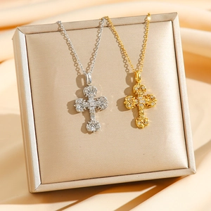 Vintage Baroque Flame Cross Pendant Necklace Stainless Steel Rhinestone Inlaid Hip Hop Scroll Pattern Jewelry For Men Women