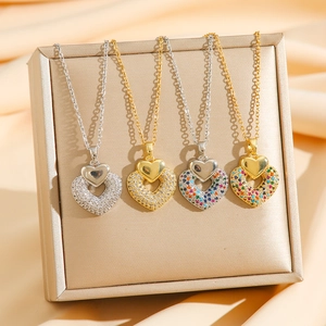 Titanium Steel Heart Pendant Necklace Luxury Rhinestone Double Layer Zircon Clavicle Chain Jewelry For Women