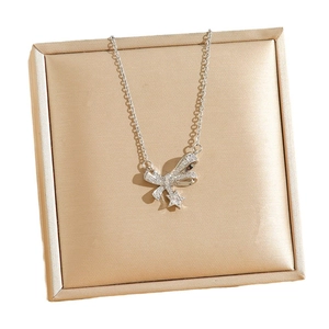Elegante collana in acciaio al titanio con fiocco e stella in zirconi su velluto
