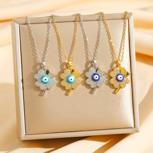 Titanium steel necklaces with sunflower pendants and blue evil eye charms in gold and silver
