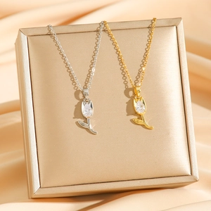 Elegant gold and silver tulip pendant necklaces with sparkling waterdrop zircon on silk