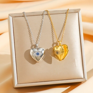 Heart Locket Necklace Stainless Steel Evil Eye Rhinestone Pendant Openable Photo Holder Vintage Personalized For Women