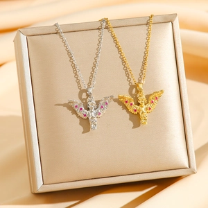 Elegant Cupid angel necklace in gold and silver finish with pink crystal wings