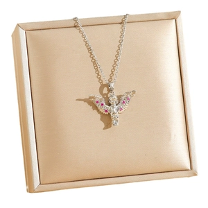 Retro silver Cupid angel necklace with pink gemstones in a silk jewelry box