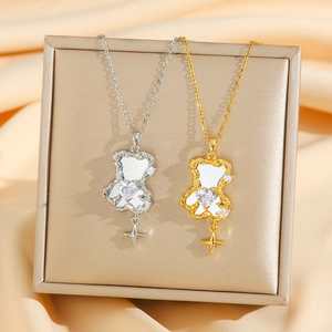 Fashion Mirror Reflective Bear Necklace Stainless Steel Heart Rhinestone Pendant Four Pointed Star Clavicle Chain For Women