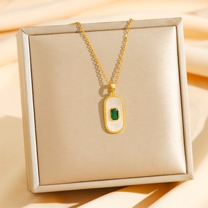 18K gold plated stainless steel necklace with oval shell pendant and emerald zircon
