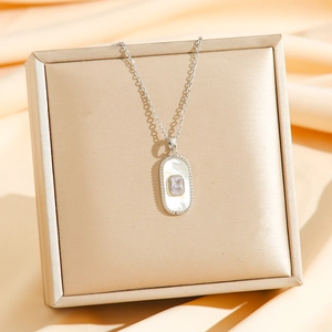 Square 18K stainless steel necklace with shell inlay and zircon pendant for women