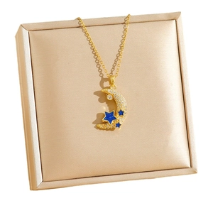 Star and moon necklace in gold titanium steel with blue stars and cubic zirconia