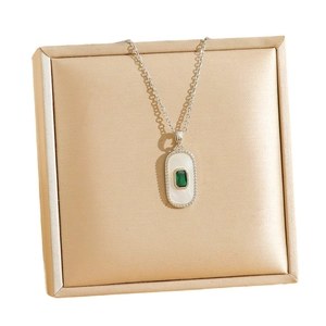 Square 18K stainless steel necklace with white shell inlay and green zircon gemstone
