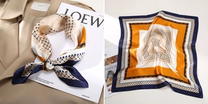 Detail view of the silk square scarf showing luxury satin texture and geometric patterns