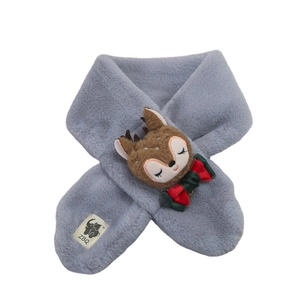 Kids plush faux rabbit fur scarf in grey featuring a cute cartoon deer with a festive bow