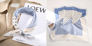 Detail of silk square scarf featuring blue geometric arrow patterns and cream beige patchwork
