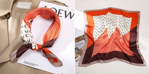 Detailed flat lay of a silk square scarf featuring geometric wave patterns and orange blocks