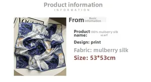 Detail view of 53cm blue floral mulberry silk scarf with premium smooth texture