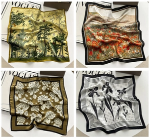 Four elegant 100% mulberry silk square scarves with floral and tropical prints