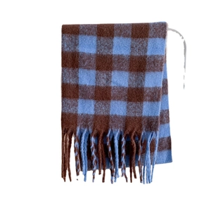 Oversized mohair checkerboard scarf with long tassels in blue and brown color