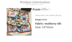 Detailed close-up of 100% mulberry silk square scarf with vibrant animal prints and orange edges