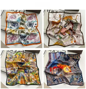 Detail view of four artistic 100% mulberry silk scarves with diverse patterns and fine edges