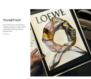 Detail of 100% mulberry silk square scarf with vintage portrait print and hand-rolled edges